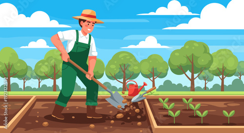 Farmer Digging Soil with Shovel in Garden.