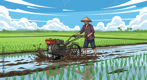 Farmer Operating Rototiller in Paddy Field.