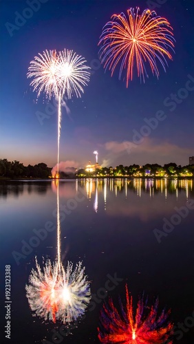 Vibrant Fireworks Reflecting Over a Calm Lake at Dusk.