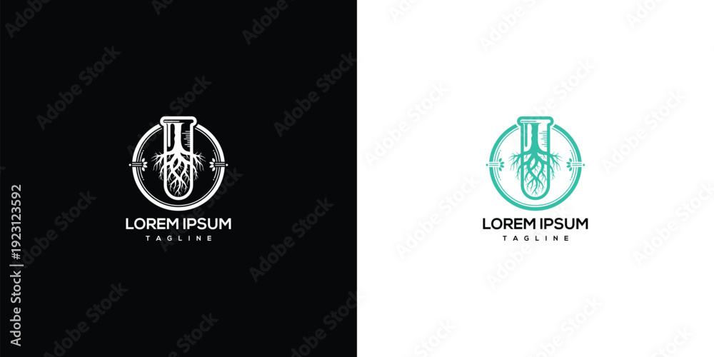 Fototapeta premium Abstract Logo Lab Flask with Roots Science Nature Organic.