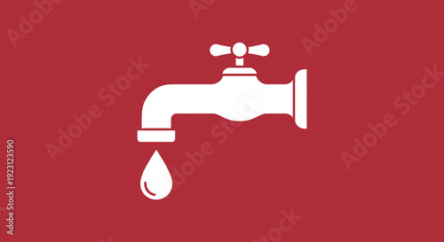 White Faucet Dripping Water Icon on Red Background.