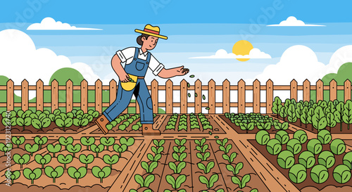 Farmer Tending to Crops in Garden.