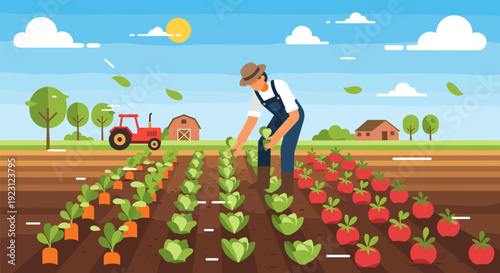 Farmer Tending to Strawberry Plants in Field.