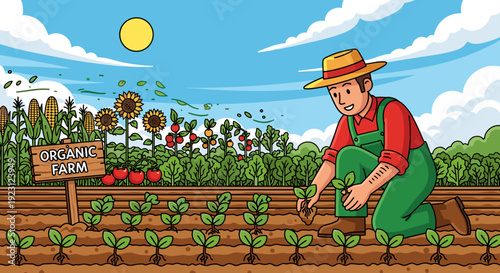 Farmer Tending to Young Crops in Organic Farm.