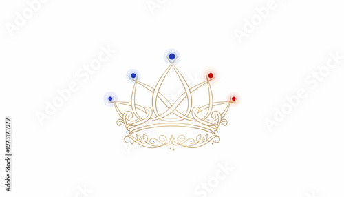 Golden Crown with Red and Blue Gems on White Background