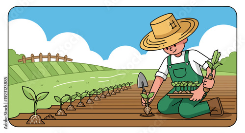 Farmer Tending to Young Plants in Field.