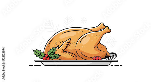 Golden Roasted Turkey with Holly and Berries on a Platter, Festive Holiday Meal