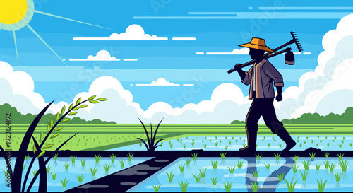 Farmer Walking with Tools on Shoulder.