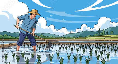 Farmer Working in Rice Paddy Field 2.