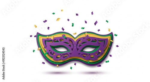 Vibrant purple mardi gras mask with colorful confetti and rainbow details on white background for festive celebrations