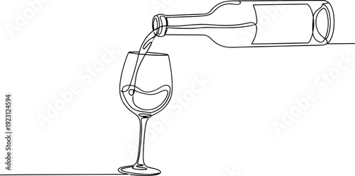 Elegant continuous line art capturing the refined action of pouring fine beverage from a bottle into a sophisticated glass, symbolizing celebration and enjoyment