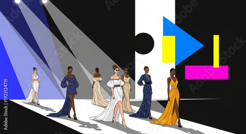Fashion show on a catwalk with diverse models in elegant evening gowns and suits spotlights shining down on them modern abstract geometric