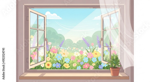 Open window with colorful flowers and potted plant on sunny day with blue sky