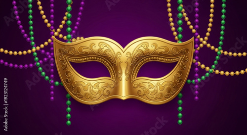 Golden mardi gras mask with colorful beads on purple background festive carnival decoration