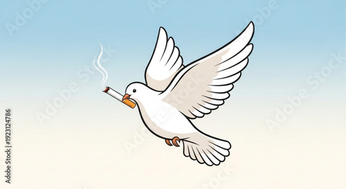 Cartoon white dove flying with cigarette in beak against blue sky background