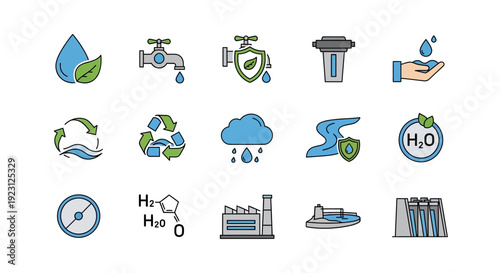 Water conservation and purification icons set.