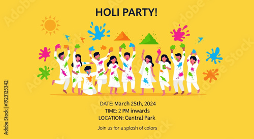 Group of people celebrating Holi festival with colorful powders and splashes.