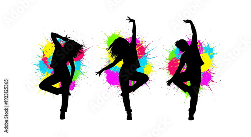 Dynamic Silhouettes of Dancers with Vibrant Paint Splashes.