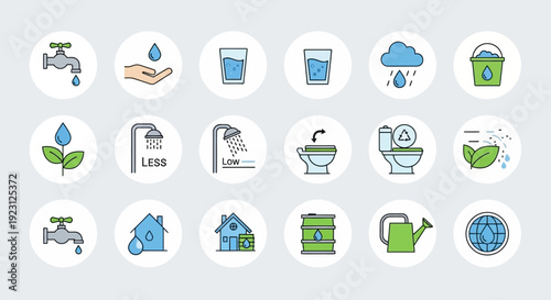 Water Conservation and Usage Icons Set for Environmental Awareness.