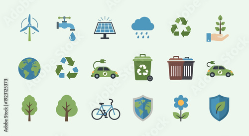 Collection of eco-friendly icons representing environmental conservation and sustainability.