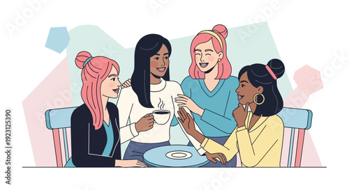 Four diverse women enjoying coffee and conversation at a cafe.
