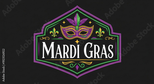 Mardi gras mask and text in purple green and gold on black background for festive party