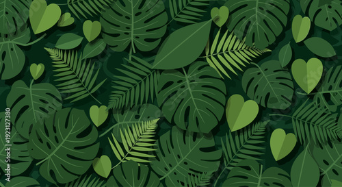 Lush green leaves and heart shapes create a vibrant natural pattern.