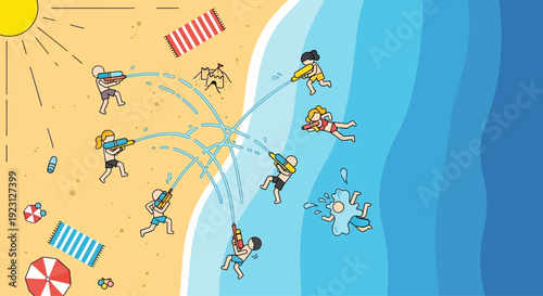 Group of children playing with water guns on a sunny beach.