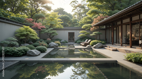 Balance and asymmetry in a zen garden with peaceful places 16:9 with copy space
