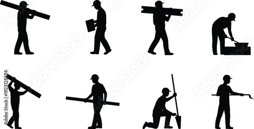 Construction Worker Silhouette Icons Set Featuring Carrying, Lifting, Shoveling, and Tool-Based Tasks for Occupational and Industrial Design