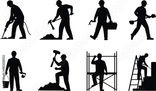 Construction Worker Silhouette Icons Set Featuring Diverse Tasks Including Jackhammering, Shoveling, Painting, Hammering, and Supervising