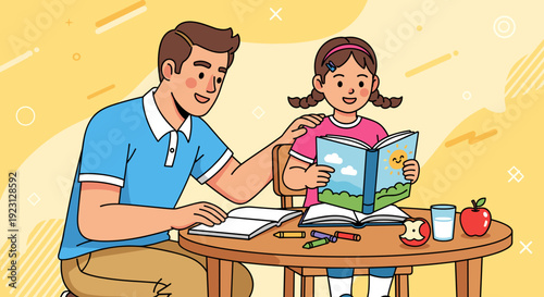 Father and Daughter Reading Together at Table.