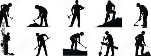 Construction Worker Silhouette Icons Set Featuring Hammering, Digging, Carrying, and Elevated Work Tasks with Hard Hats