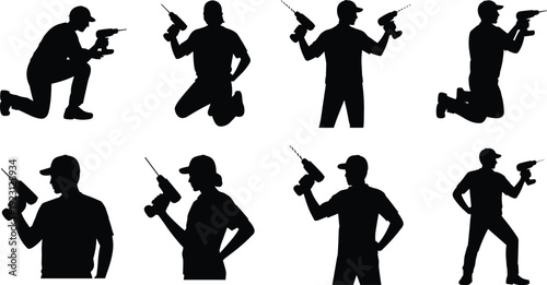 Construction Worker Silhouette Icons Set Featuring Power Drill Poses in Standing, Kneeling, and Action Stances for Occupational Design