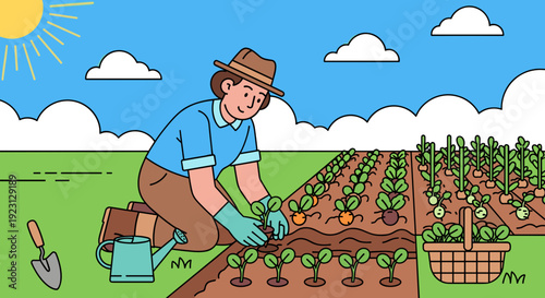 Gardener Planting Seedlings in Garden Bed.