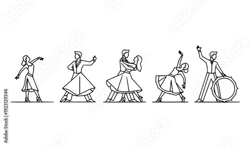 Dancer Couple Outline Icons Latin Tango Salsa Man and Woman Editable Stroke Vector Set