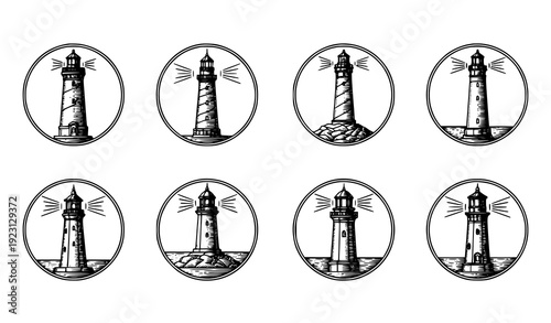 Engraved Lighthouse Line Art Designs with Maritime Beacon Tower Outline Vector Illustration