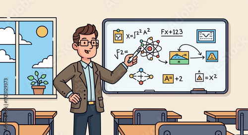 Male Teacher Explaining Math on Blackboard.