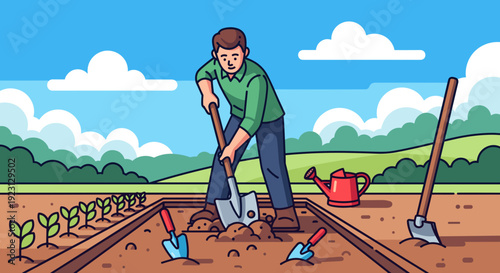 Man Digging Soil with Shovel in Garden.