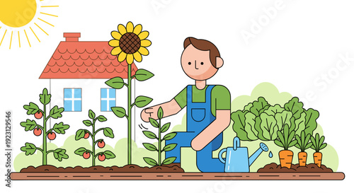 Man Gardening with Sunflower and Plants.