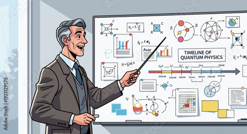 Man in Suit Presenting Quantum Physics Concepts.