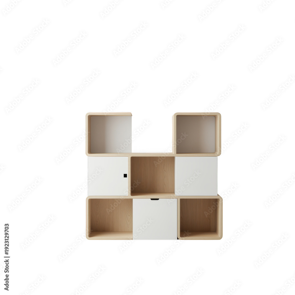 Obraz premium Modern modular shelving unit with minimalist design and neutral tones isolated on white background