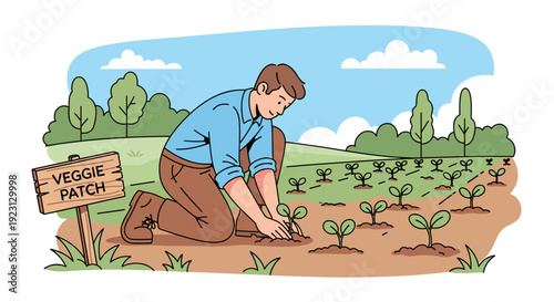 Man Planting Vegetable Seedlings in Garden Bed.