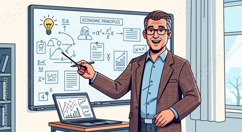 Man presenting idea on whiteboard in office.