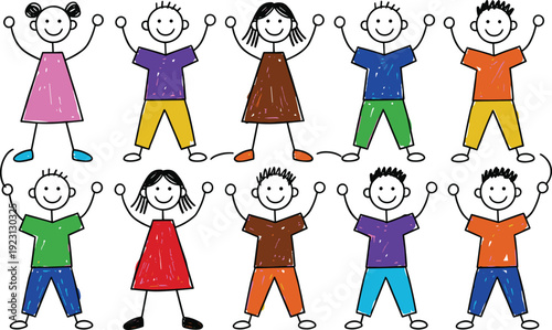 Cute doodle kids characters set, happy cartoon children in colorful clothes, hand drawn stick figure illustration for school and nursery design