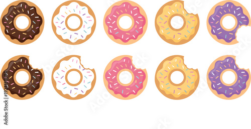Colorful Donut Vector Set Whole and Bite Glazed Sweet Treats