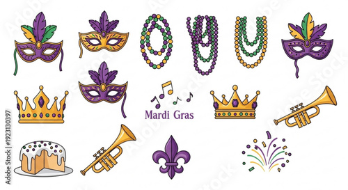 Mardi gras celebration icons with masks beads crowns and festive symbols on white background