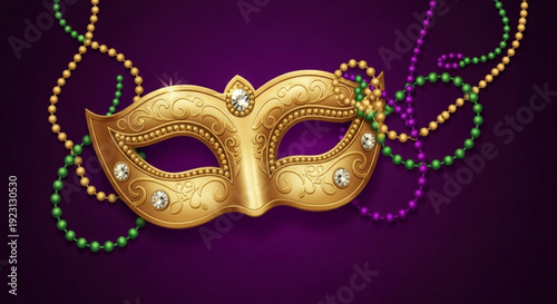 Golden mardi gras mask with colorful beads on purple background festive carnival accessory