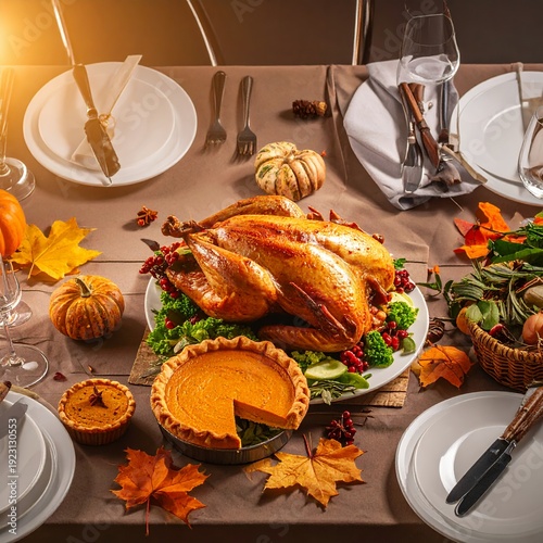 Wallpaper Mural Thanksgiving Feast with Roasted Turkey, Pumpkin Pie, and Autumn Decorations. Torontodigital.ca