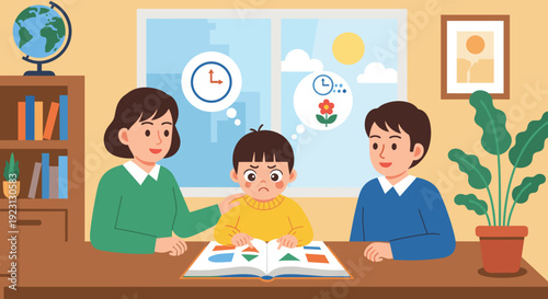 Mother and Father Helping Child with Homework.